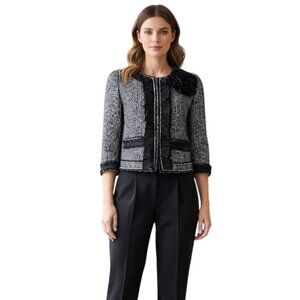 Ann Taylor Tweed 3/4 Sleeve Blazer 6 Rosette Black Virgin Wool Blend Career